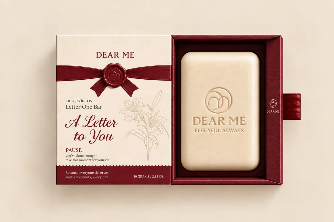 Dear Me Letter One Bar in ivory and burgundy packaging, with a personal letter