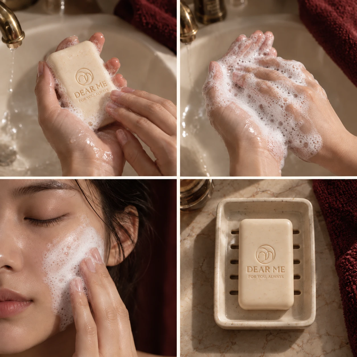 Four steps: wet hands and soap, build lather in the palms, apply lather to face and body, and rest the bar on a draining dish.